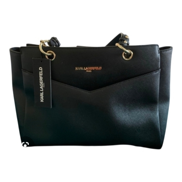 Karl Lagerfeld Black Structured Leather Satchel Gold Hardware With Dustbag NWOT - Picture 14 of 16